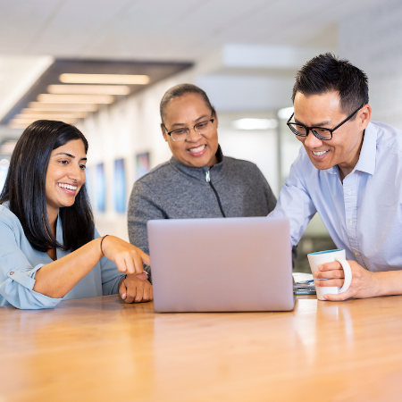 Three customer service team members assisting a virtual customer